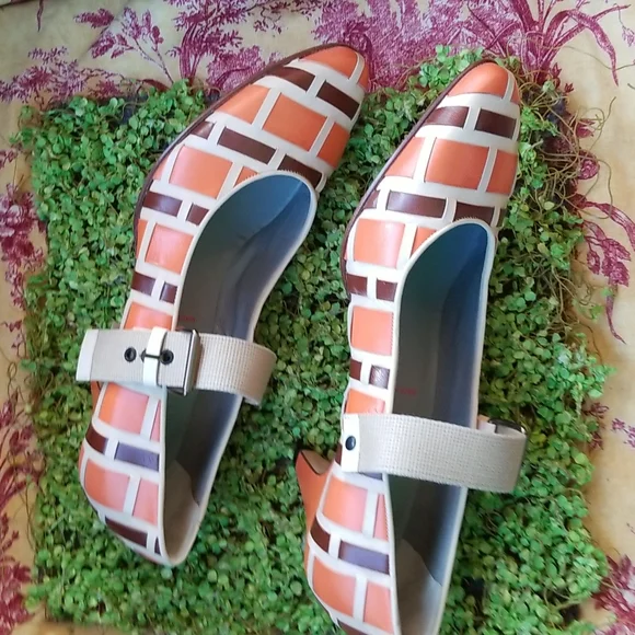 MIU MIU Y2k Orange  Brown Basketweave Italy  Leather Mary Janes Shoes 39 8.5 Euc - Picture 10 of 16